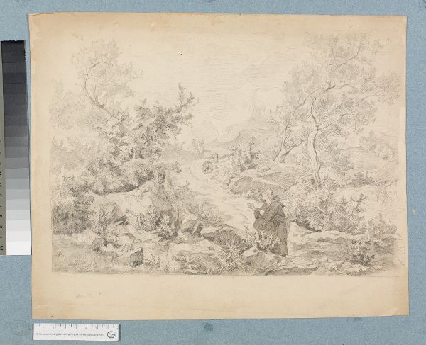 Unknown artist, Hügelige Landschaft mit Mönchen und Schafshirten