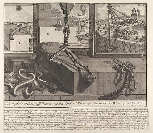 Giovanni Battista Piranesi, Demonstration panel showing technique for raising travertine and marble blocks for the construction of the tomb of Cecilia Metella, Rome, from "Le Antichità Romane"