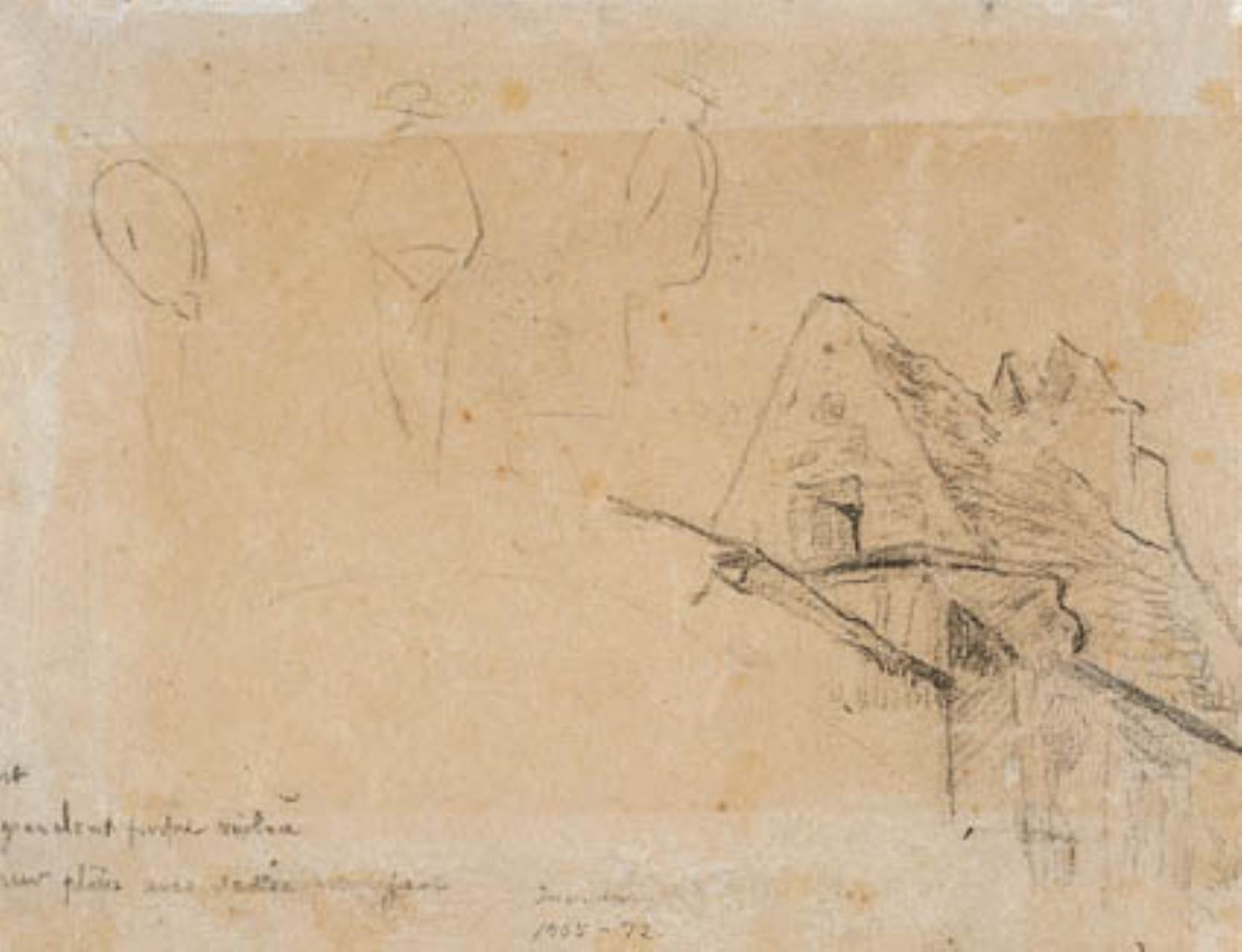 Paul Gauguin, Tre skitser af stående mand set bagfra, og f.n. et hus med højt tag