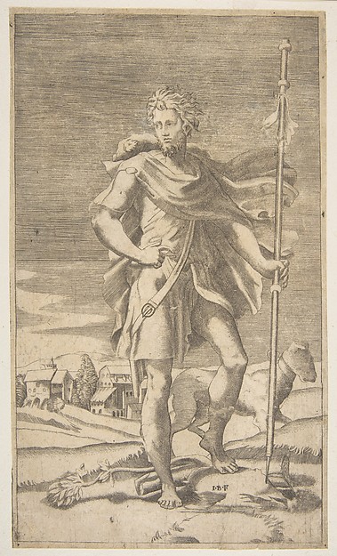 Giulio Bonasone, Saint Roch standing holding a staff in his left hand, a dog by his side