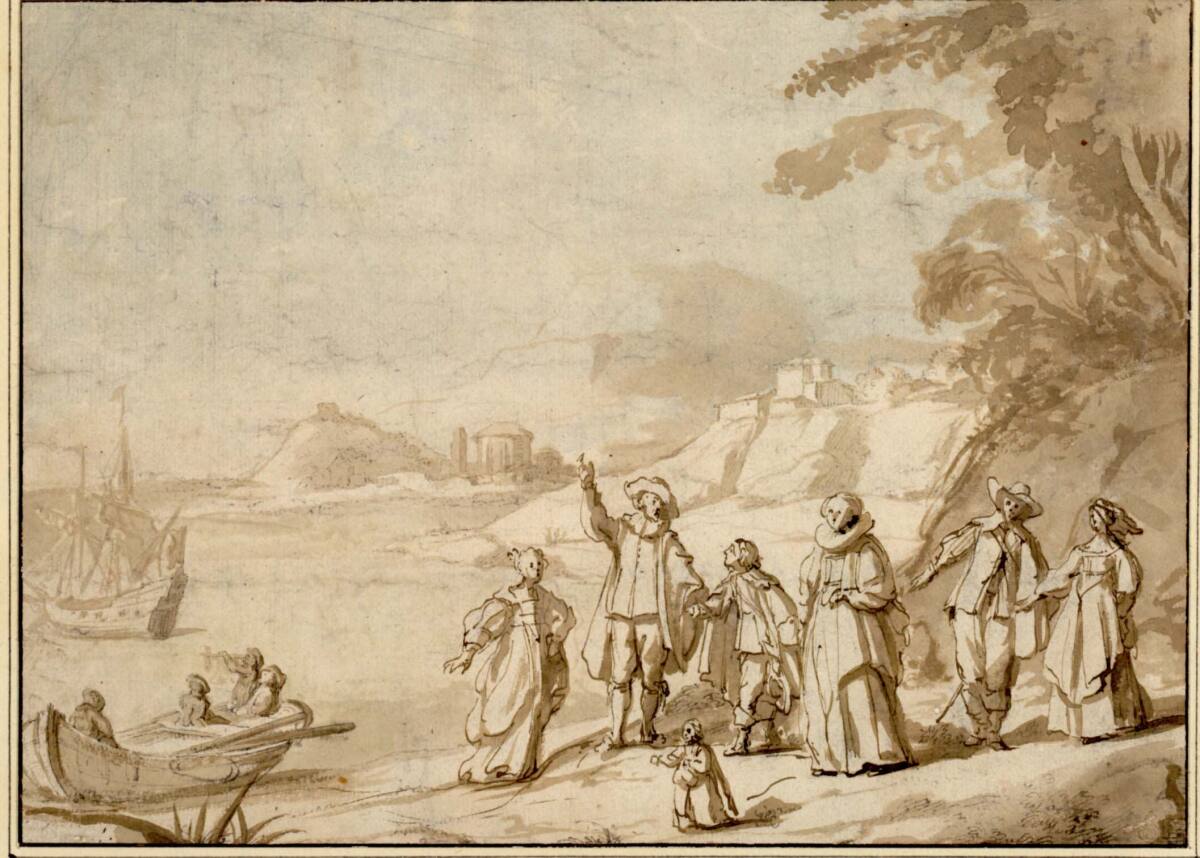 Anonym, Gesellschaftsstück. (An einer Bucht versammelt sich eine Familie, deren Oberhaupt ein Phänomen am Himmel zu erklären scheint; ein Segelschiff und ein Boot mit Staffage am Wasser; Küstenlandschaft im Hintergrund)