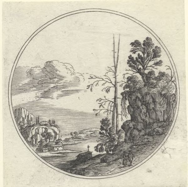 Hooch, Carel de, (1577?-1638), (printmaker), Landscapes in circles: Riverscape with cliffs and a boat
