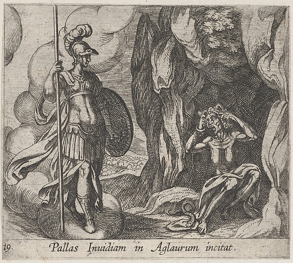 Antonio Tempesta, Plate 19: Minerva at Envy's Cave (Pallas Invidiam in Aglaurum incitat), from Ovid's 'Metamorphoses'