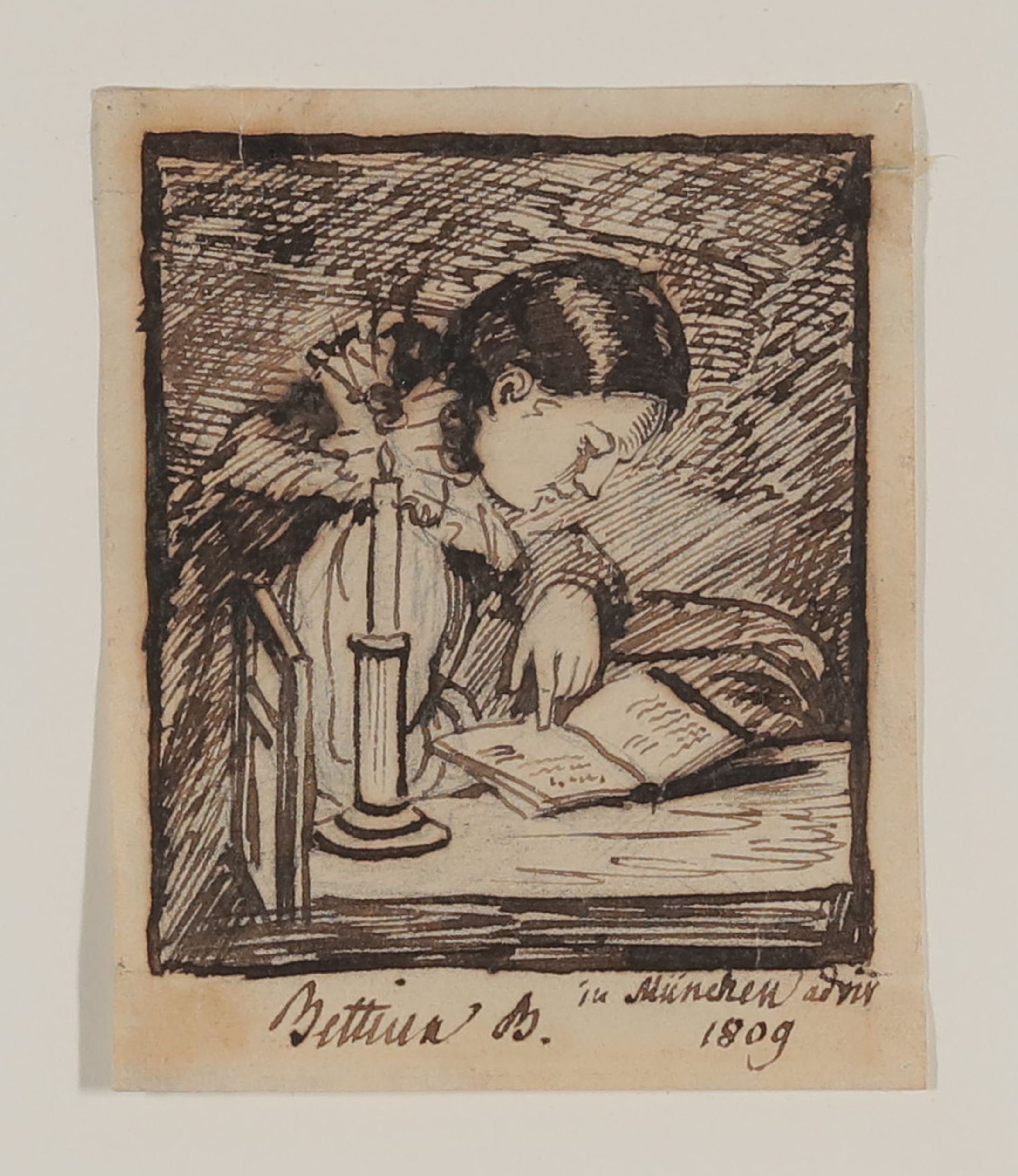 Ludwig Emil Grimm, Bettine Brentano, spätere von Arnim, bei Kerzenlicht lesend