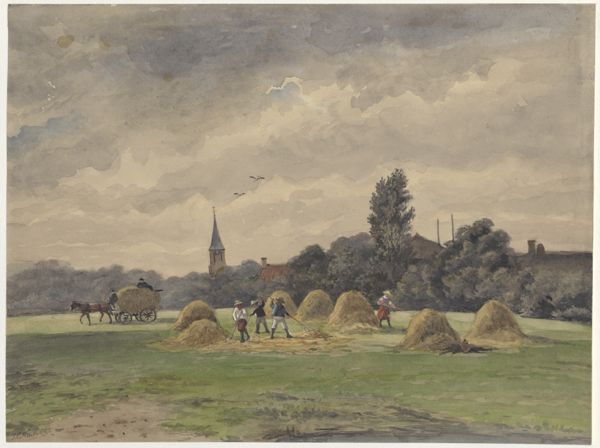Kikkert, Jan Elias, (1843-1925), (artist), People working the fields in front of a village