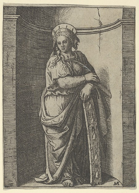 Marcantonio Raimondi, Saint Catherine standing in a niche, resting on a wheel, her instrument of torture