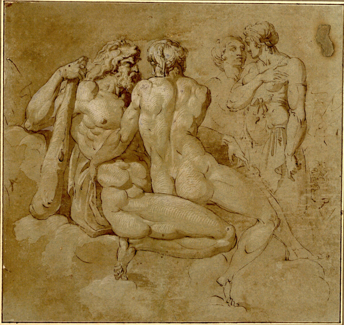 Anonym, Herkules und Hebe. (Erotisches Symplegma auf Wolken; im Hintergrund eine stehende weibliche mit einer weiteren Gestalt im Gespräch)