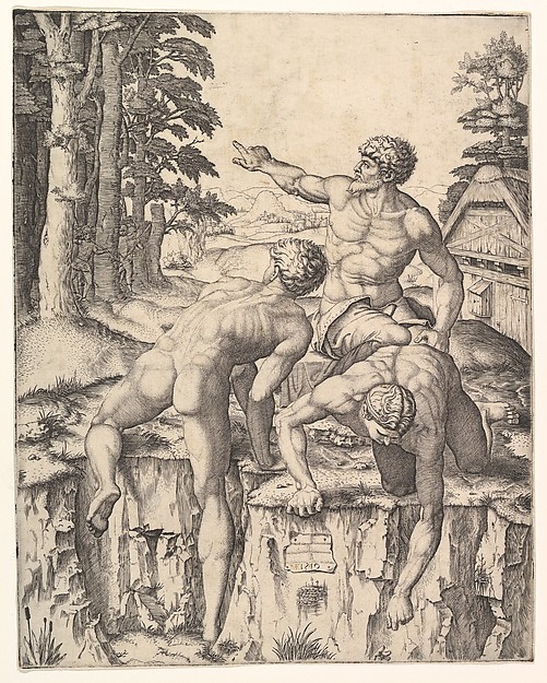 Marcantonio Raimondi, The Climbers: three naked men, one seen from behind climbing onto a river-bank, soldiers emerge from the forest in the background