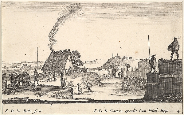 Stefano della Bella, Plate 4: A military encampment with a soldier standing on a parapet to the right beating a drum, from "Various Military Caprices" (Varii capricci militari)
