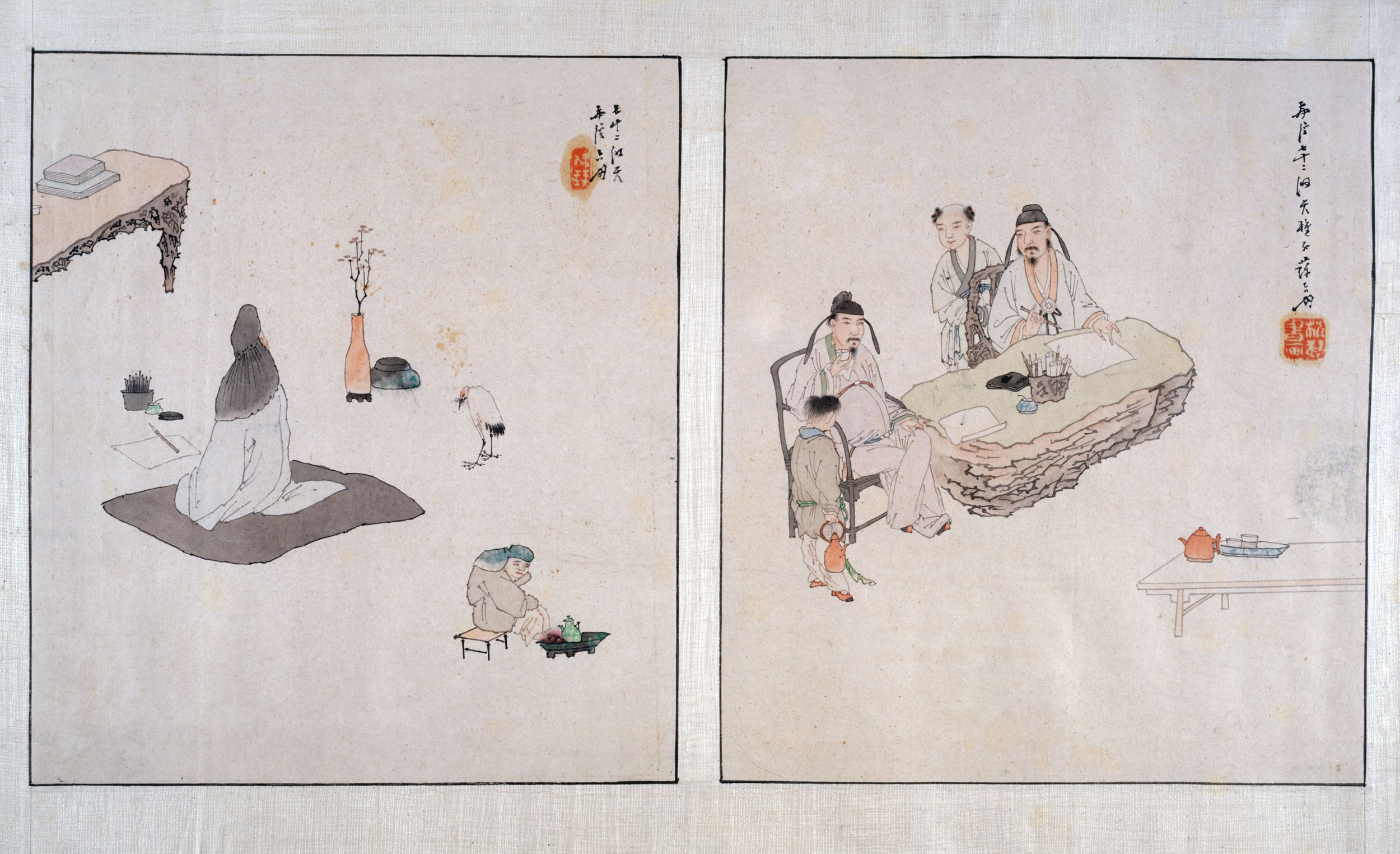 Liupeng Su, Personnage en méditation et serviteur.