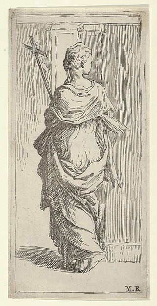 Guido Reni, Girl carrying a crucifix and stepping toward a pilaster, seen from behind