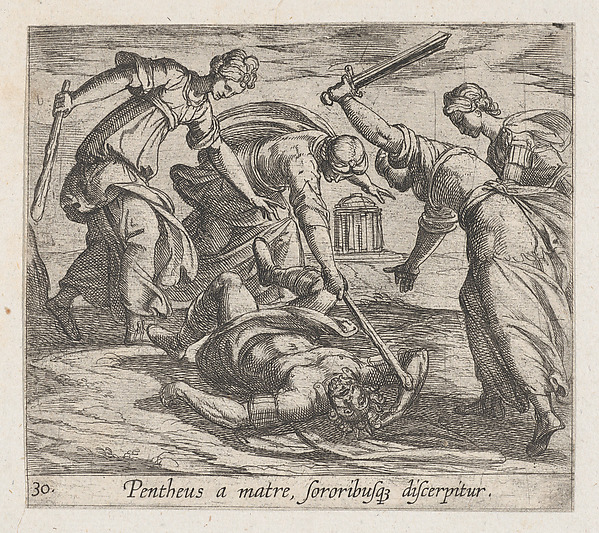 Antonio Tempesta, Plate 30: The Death of Pentheus (Pentheus a matre, sororibusq discerpitur), from Ovid's 'Metamorphoses'