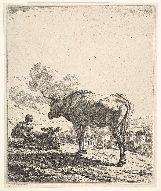 Karel Dujardin, Cowherd with cow and calf on a hillside, the cowherd viewed from behind and seated in the grass, the cow standing and facing the recumbent calf, a village beyond