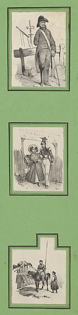 Victor Adam, Soldiers (3 prints of varying size pasted onto a green sheet)