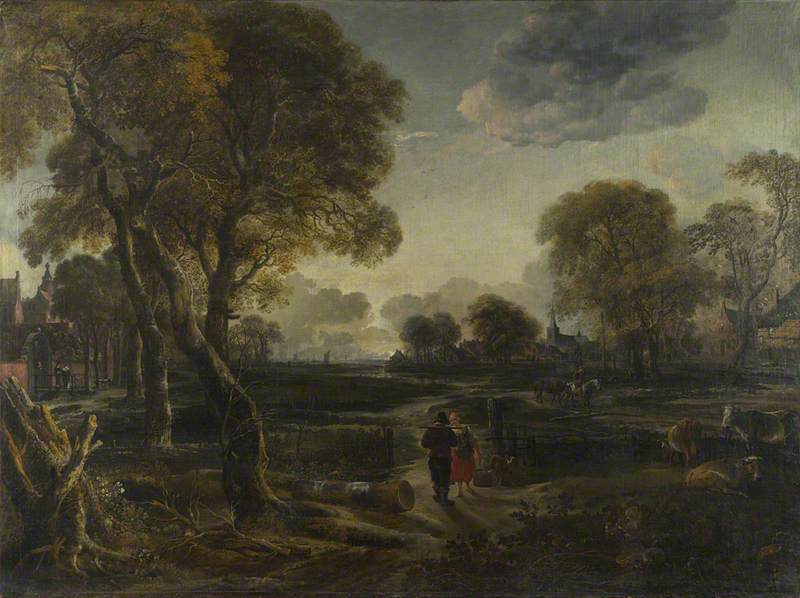 Aert van der Neer, An Evening View near a Village
