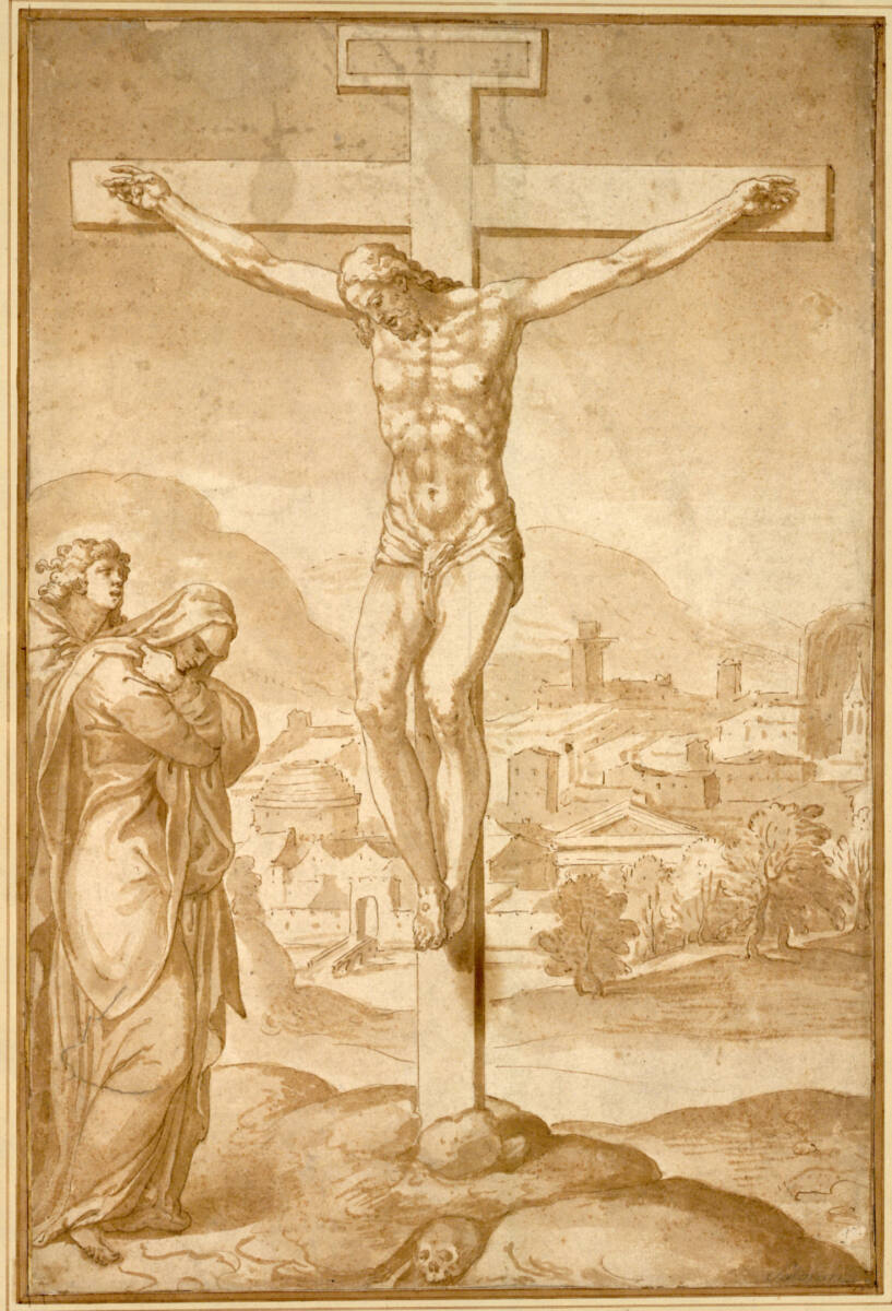 Anonym, Christus am Kreuz mit Maria und Johannes; im Hintergrund das idealisierte Jerusalem