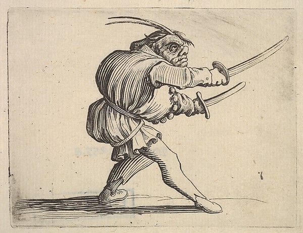 Jacques Callot, Masked small figure with a sword in both hands, in profile view, striding to the right, from "Varie Figure Gobbi"