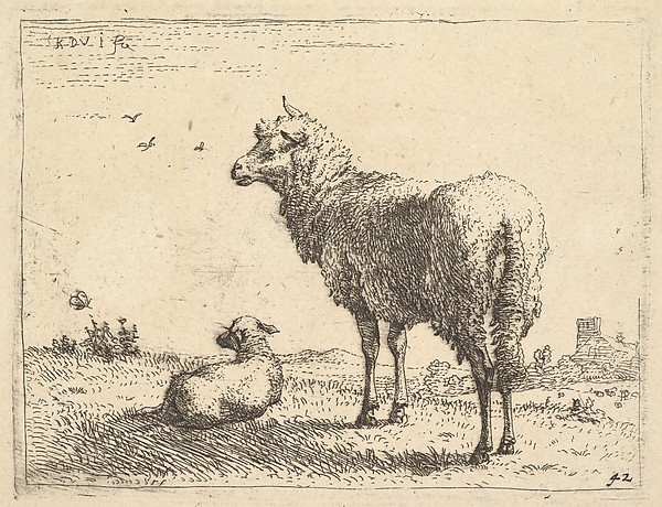 Karel Dujardin, A mature sheep in three-quarters view standing and looking left, beside it a lamb lies on the grass