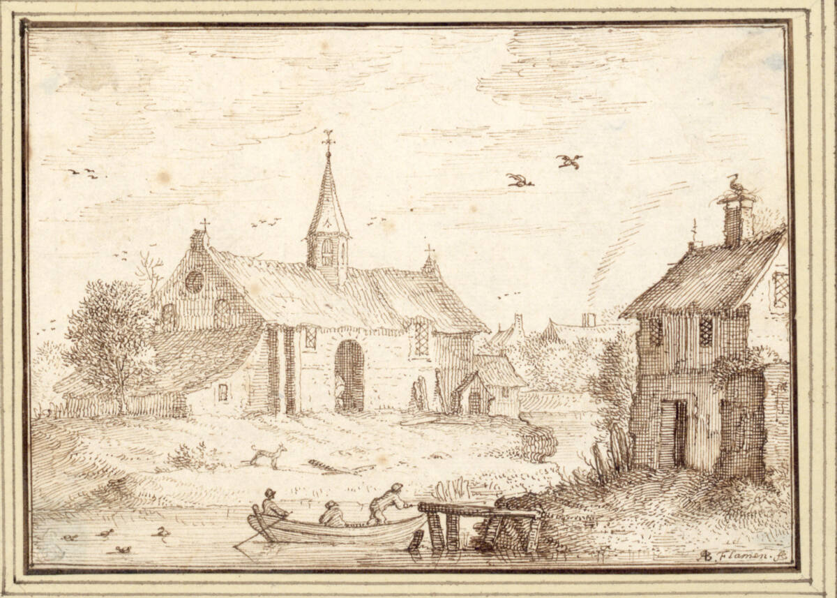AlbertFlamen, Blick auf eine Dorfkirche am Wasser (III-41)