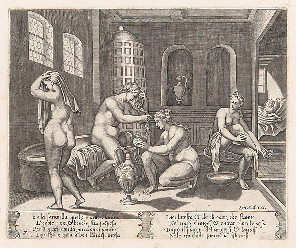 Agostino Veneziano (Agostino dei Musi), Plate 7: Psyche attended in her bath, from "The Story of Cupid and Psyche as told by Apuleius"