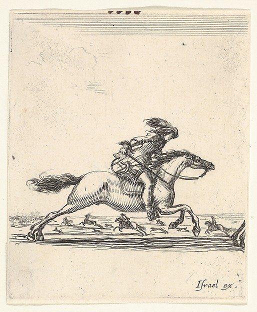 Stefano della Bella, A horseman with sword in hand galloping towards the right, other horsemen galloping towards the left in the background, from "Various cavalry exercises" (Diverses exercices de cavalerie)