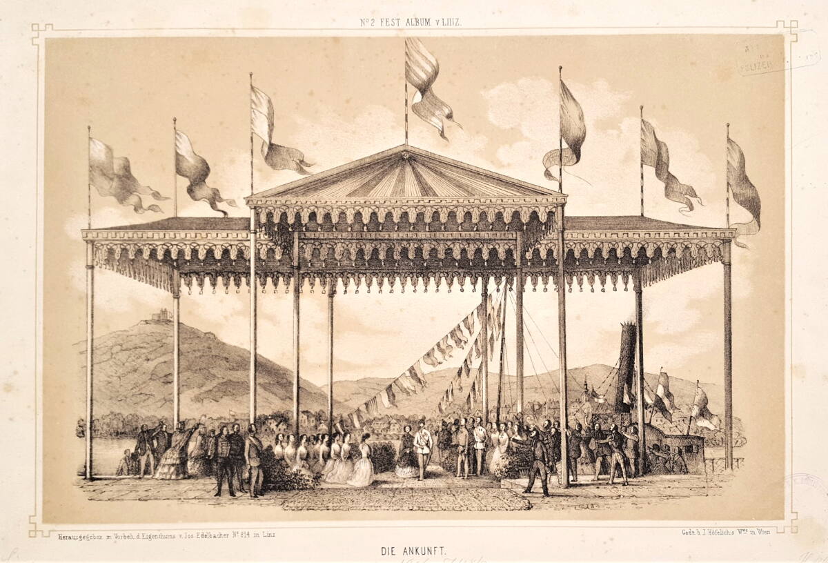 Anonym, Empfang seiner Braut, Elisabeth Herzogin in Bayern, durch Kaiser Franz Joseph I. von Österreich am 21.April 1854 in Linz