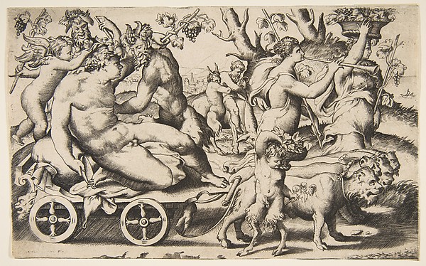 Giulio Bonasone, Triumph of Bacchus who is seated on a carriage at left