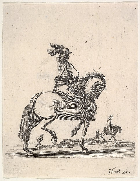 Stefano della Bella, A horseman in center, walking towards the right, a horseman and a footsoldier in the background, seen from behind, from "Various cavalry exercises" (Diverses exercices de cavalerie)