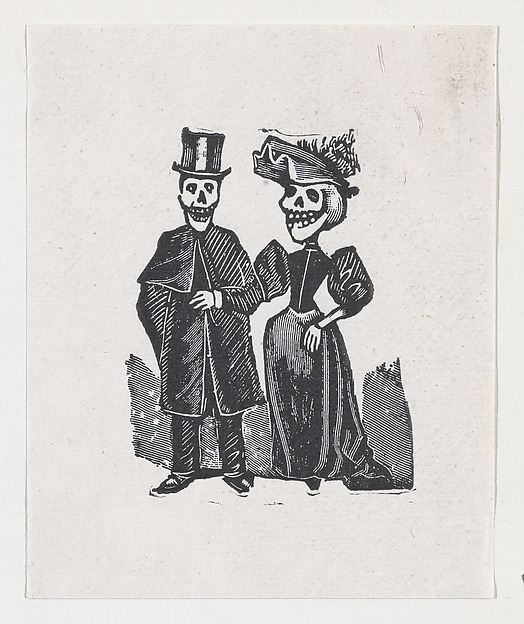 José Guadalupe Posada, Two elegantly dressed skeletons walking, from a broadside entitled, 'El Gran Panteon Amoroso,' published by Antonio Vanegas Arroyo.