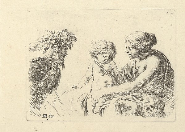 Stefano della Bella, A woman at right holding her child who is sitting atop a donkey, a satyr at left looking towards the right, plate 6 from "Various figures and doodles" (Diverses figures et griffonnemens)