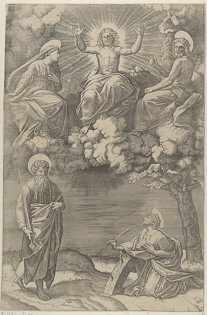 Marcantonio Raimondi, Christ flanked by the Virgin and St. John in the upper section, St. Paul and St. Catherine below