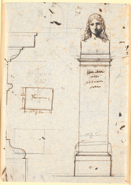 Nicolai Abildgaard, Udkast til et monument med en buste af en ung mand med lokker (Rafael). Opstalt, vandret snit og profiler