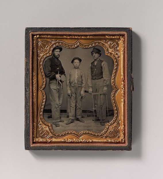 Unknown, [Two Men and a Boy with Outside Calipers, Backsaw, Square, and Frame Saw]