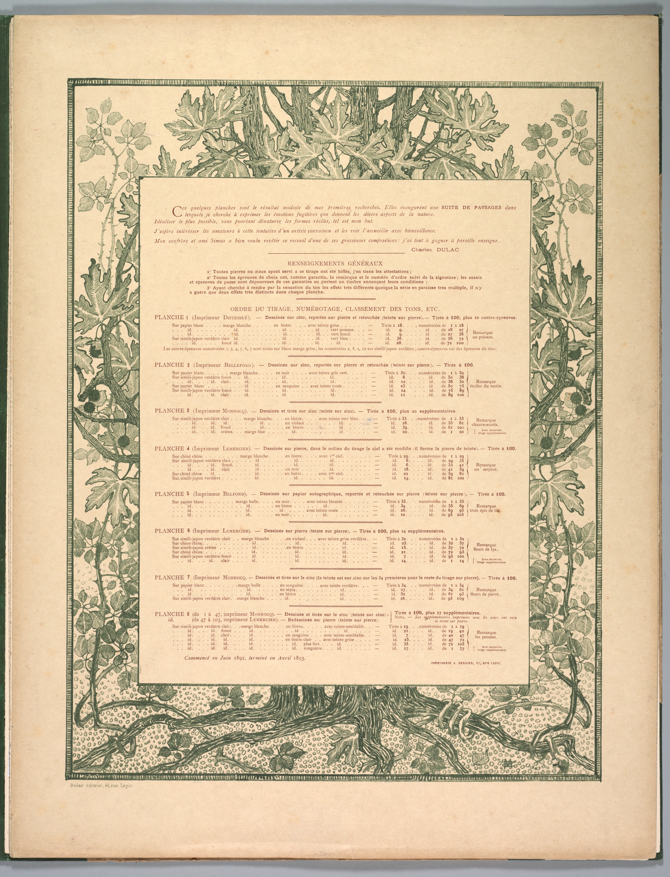 Charles Marie Dulac, Suite de Paysages: Colophon