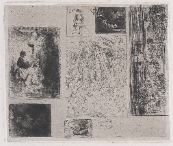 Charles Jacque, Composite plate: Woman and Children (a), Old Musician (b), Frying Merchant (c),  Landscape (d), Landscape (e), Praying Monk (f), and Scavenger (g)