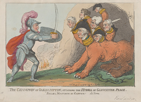 Thomas Rowlandson, The Champion of Oakhampton, Attacking the Hydra of Gloucester Place