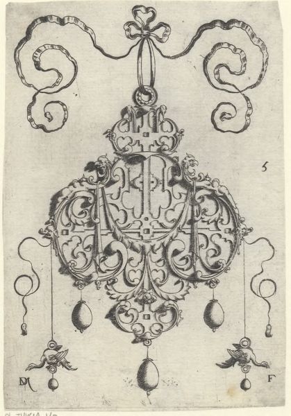 Mignot, Daniel, (active 1593-1596), (printmaker), Strapwork pendants: Strapwork pendant, lower left and right, as earrings, two eagles