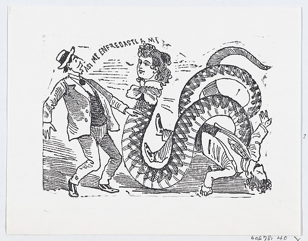 José Guadalupe Posada, A snake with a woman's head slithering towards a scared man, an illustration from 'The Ballad of the Snake Woman' (reprinted 1930)