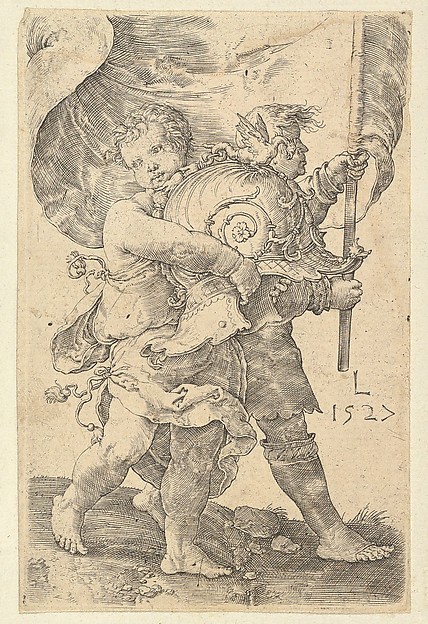 Lucas van Leyden, Two Boys with a Helmet and Standard