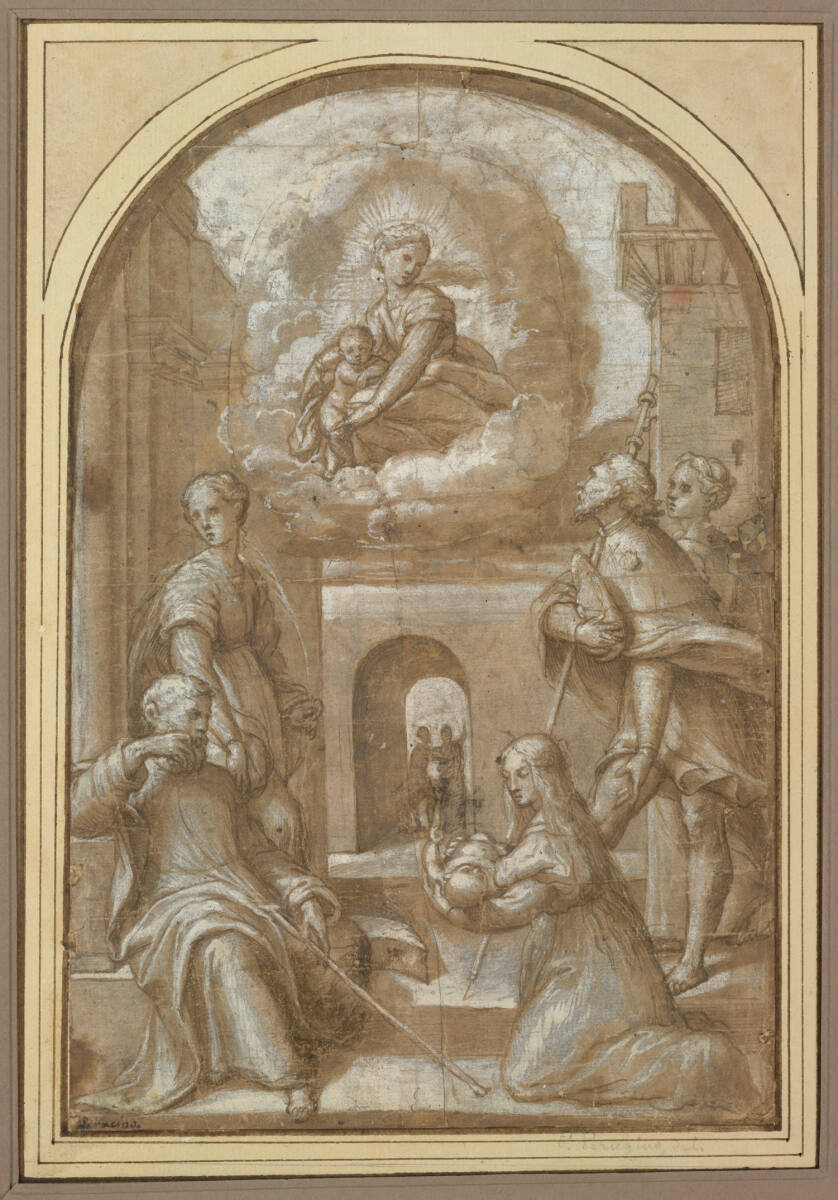 Anonym, Sacra Conversazione. (Im Rundbogen die Madonna mit Kind in Wolken; darunter vier Heilige: Josef, Rochus, Daria und eine zweite weibliche Heilige, die der Madonna eine kniende Stifterin mit Kind im Arm empfehlen)
