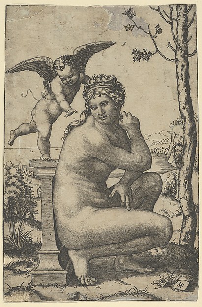 Marcantonio Raimondi, Venus crouching by a plinth on top of which stands Cupid