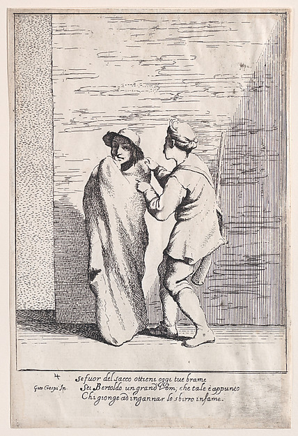 Giuseppe Maria Crespi, Plate 4: Bertoldo stuffed in a sack, from "Bertoldo, Bertoldino, and Cacasenno"