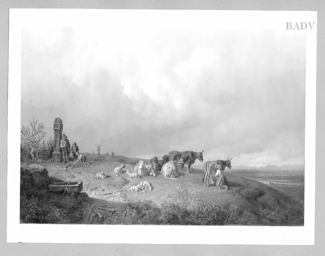 Heinrich Bürkel, Bavarian landscape with cattle + shepherds