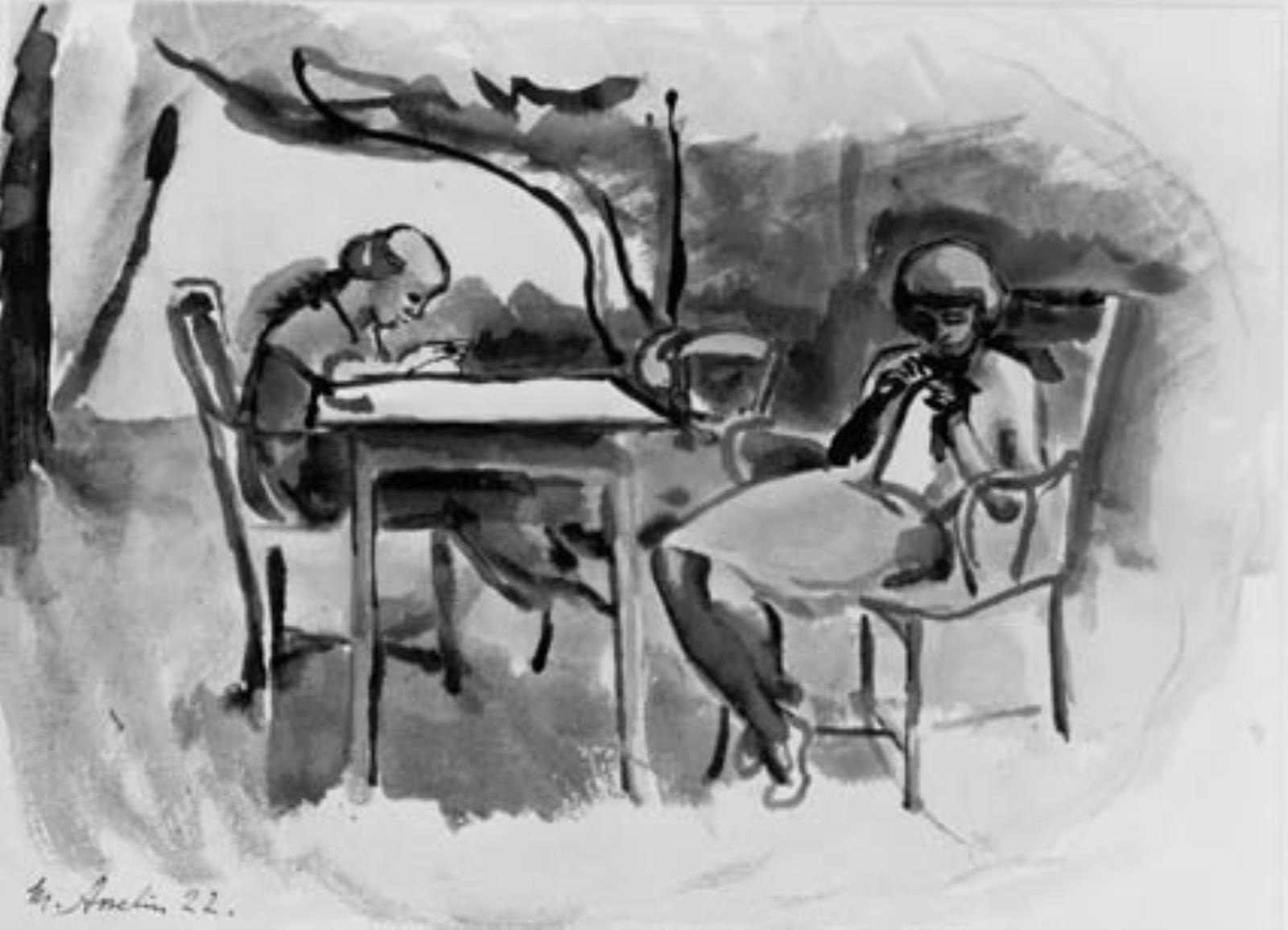 Maurice Asselin, To syende kvinder ved et havebord