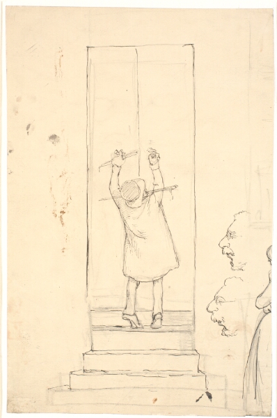 Wilhelm Marstrand, En lille mand står på tæerne for at åbne en dør med slå. Rids af profiler og kvinde