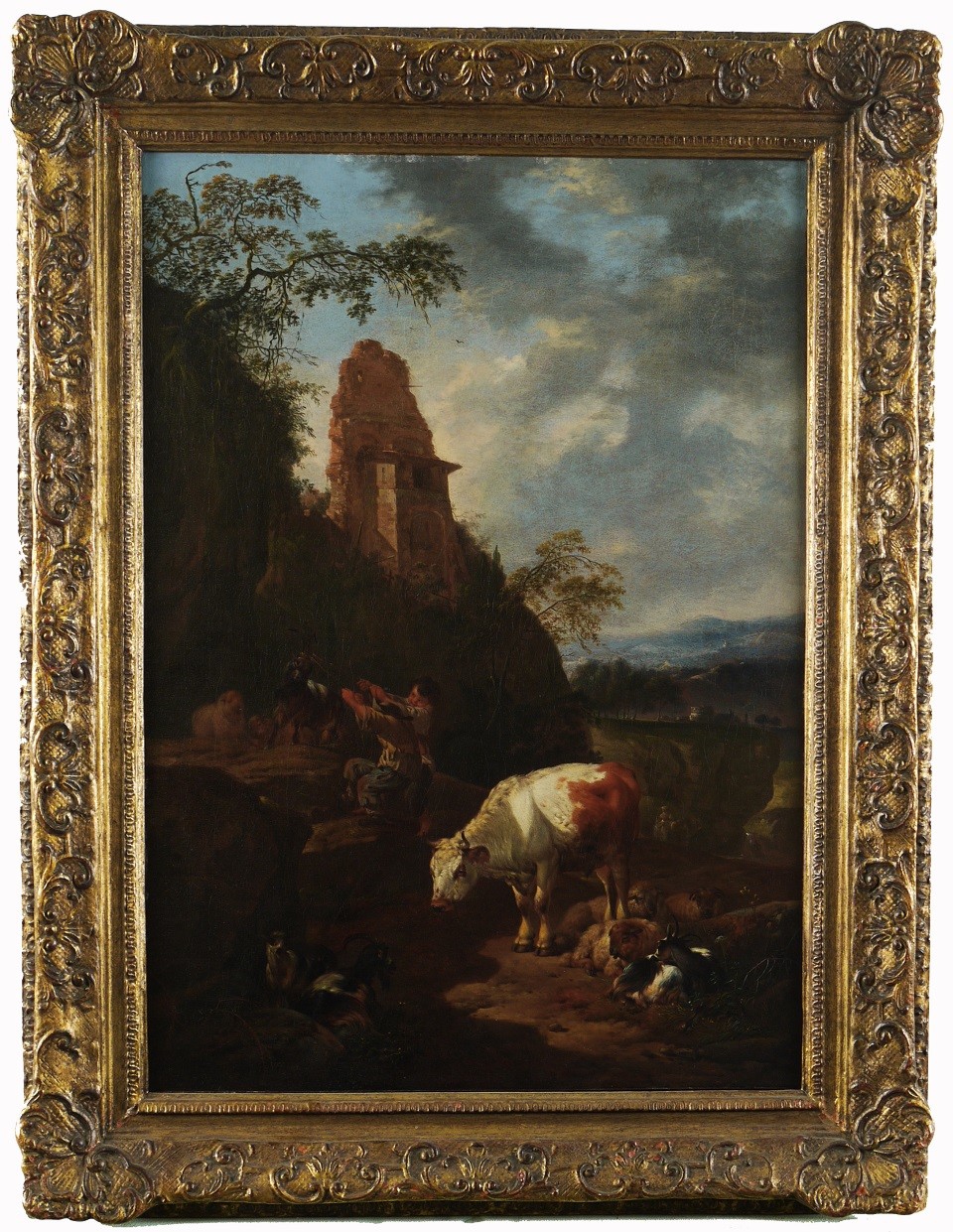 Johann Heinrich Roos, Landschaft mit einer Ruine, Herdenvieh und zwei Hütebuben