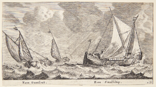 Reinier Zeeman, To skibe i oprørt hav. En "damschuit" og et "smalschip"