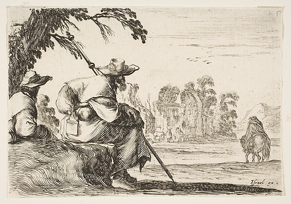 Stefano della Bella, Two pilgrims with hats rest to the left, seen from behind, a horseman rides towards the background to the right, plate 5 from "Various Figures" (Agréable diversité de figures)