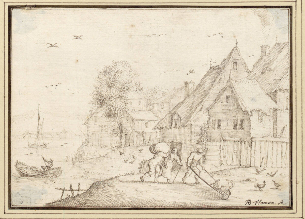 AlbertFlamen, Dorfrand am Wasser, vorne zwei Bauern mit Sack und Schubkarre (III-18)