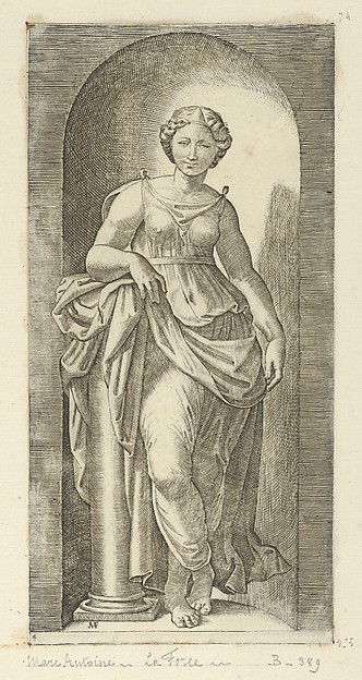 Marcantonio Raimondi, Fortitude or Strength personified by a woman standing in a nice resting her arm on a column, from "The Virtues"
